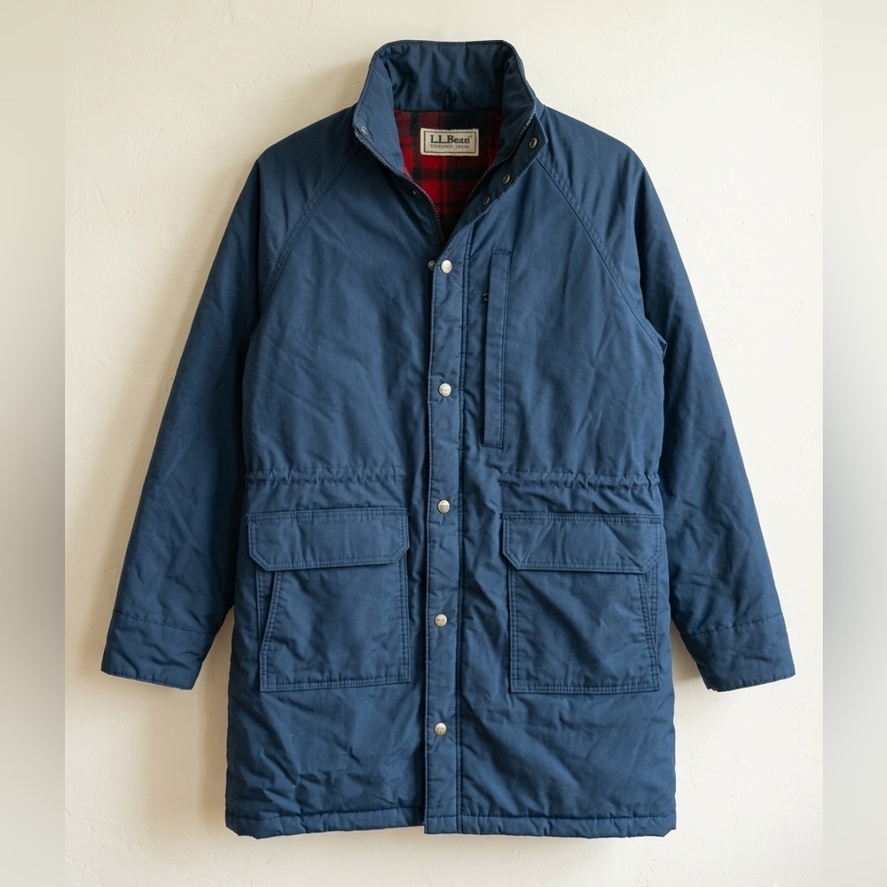 VTG L.L. Bean Wool Lined Parka Jacket Navy Blue Red Plaid M/L Gorpcore Baxter